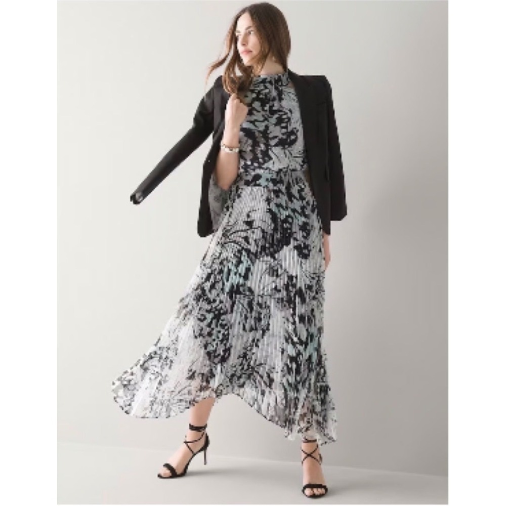 Abstract Butterfly Print Halter Midi Dress Black Blue Excellent Smocked Waist 0